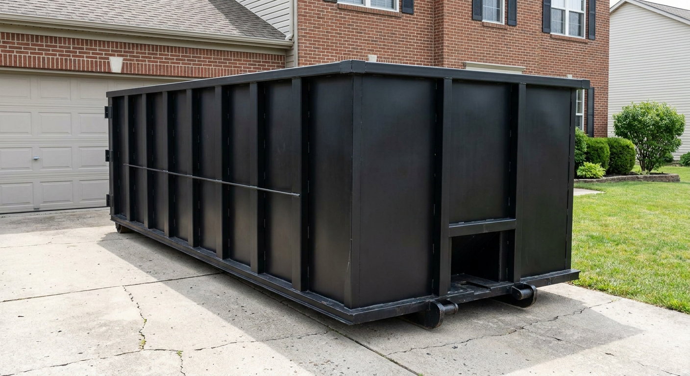 Matte-black 20-yard roll-off container on a Scottsdale residential concrete driveway with reinforced ribbed steel sidewalls and a hinged rear walk-in door, clean bright daylight.