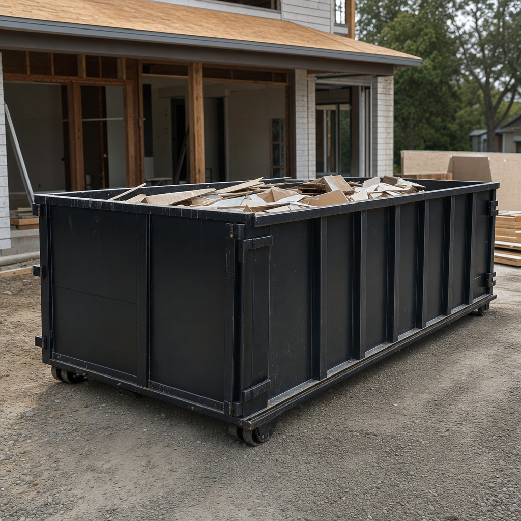 Large matte-black 30-yard construction roll-off dumpster at an active Scottsdale jobsite, steel-gray top rails and bottom rollers visible, loaded with construction debris.