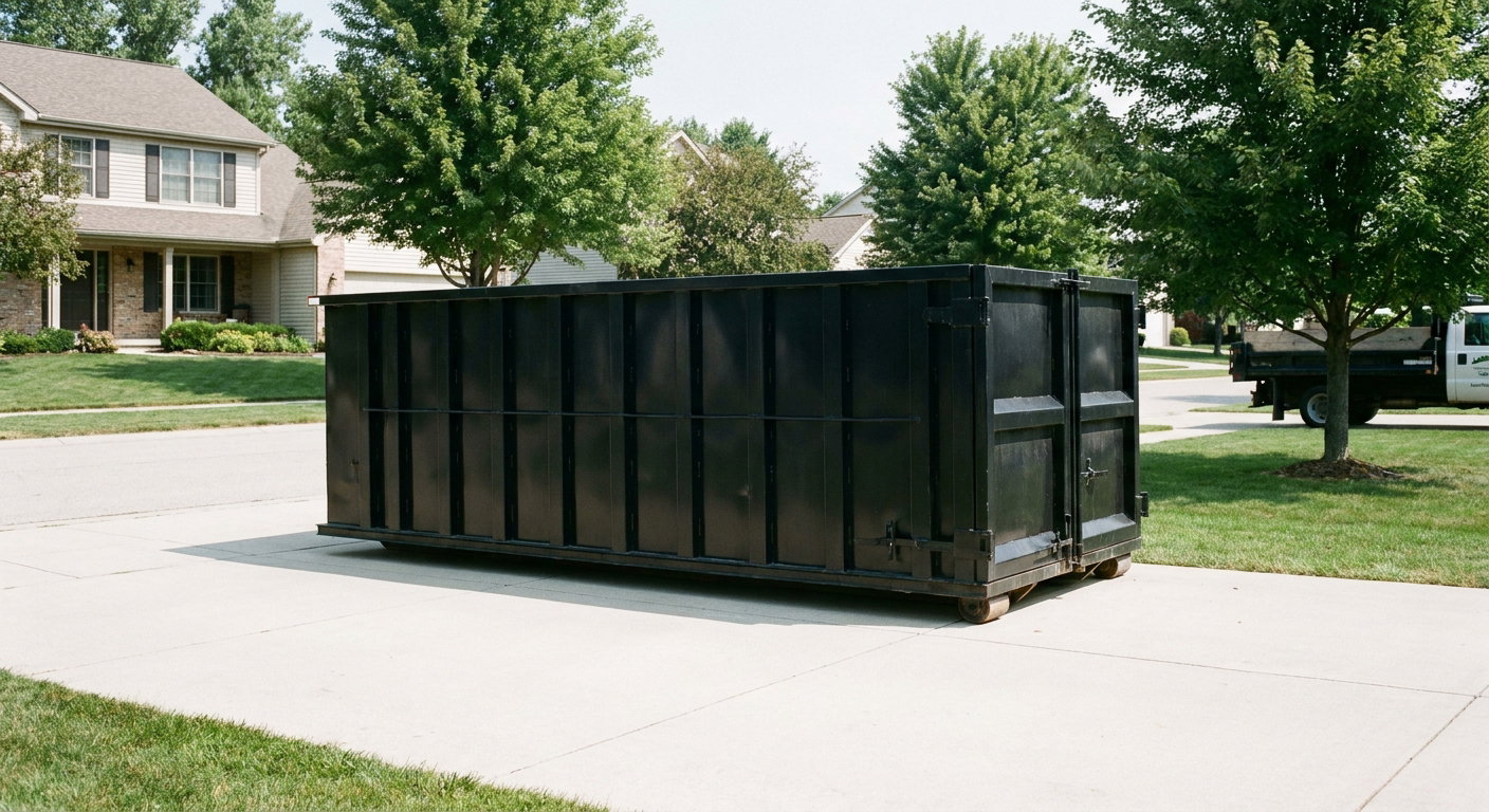 Matte-black 20-yard roll-off dumpster sitting level on a clean Scottsdale residential concrete driveway under bright daylight, demonstrating clean placement directly on the concrete.